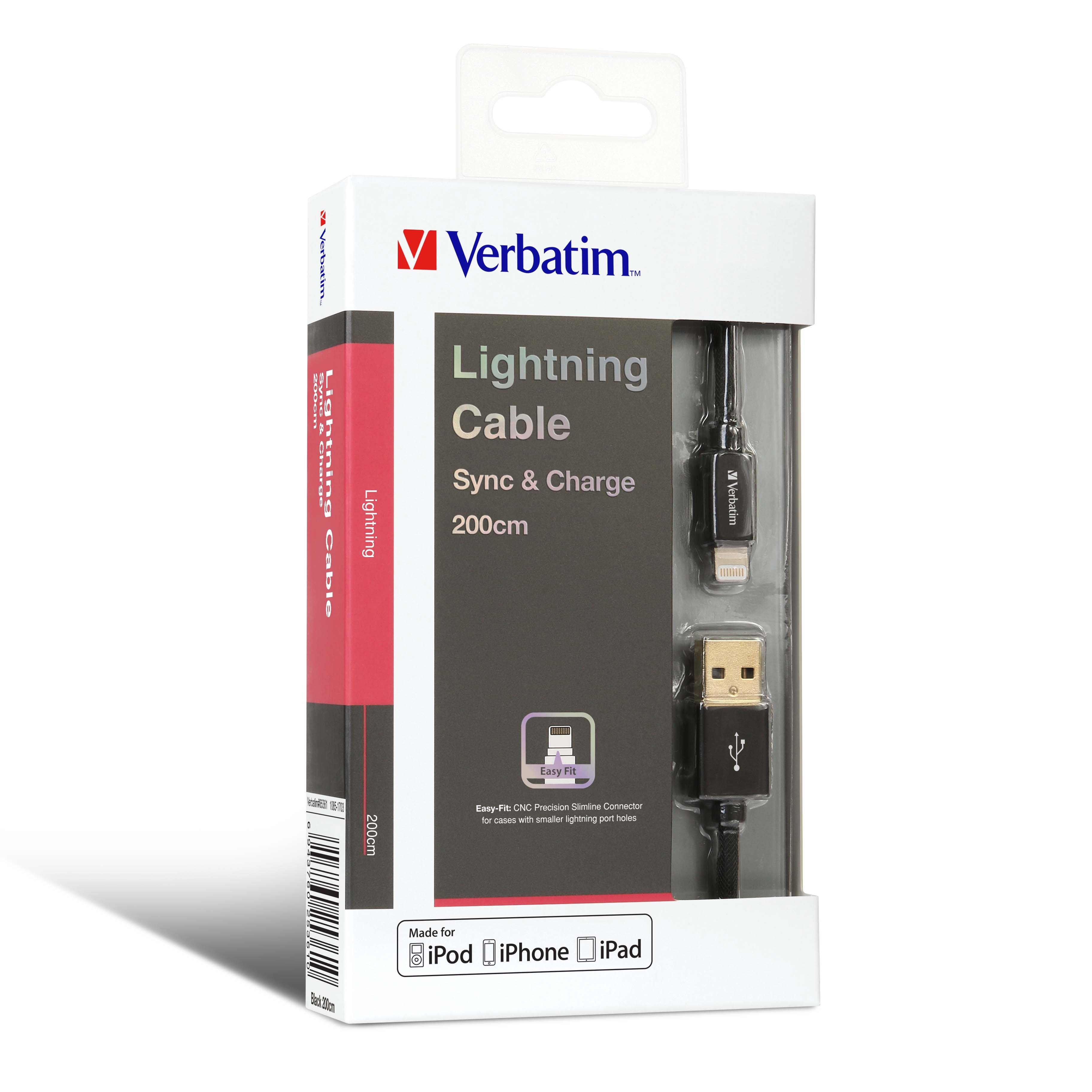 VERBATIM STEP UP MFI LIGHTNING CABLE 200CM – BLACK (65361)